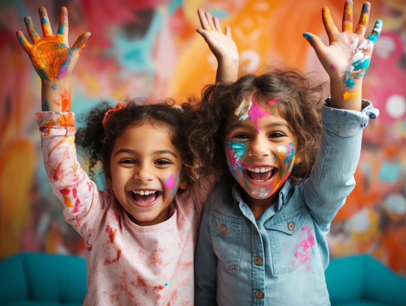 joyful-kids-with-paintcovered-hands-up-colorful-room-eyelevel-capture-free-photo